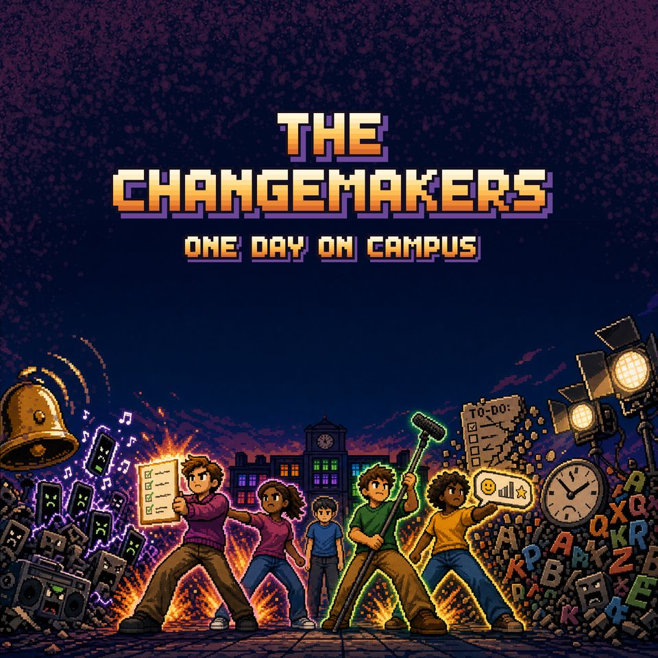 Cover art for the game. Five pixel-art students stand together in front of a campus at night.