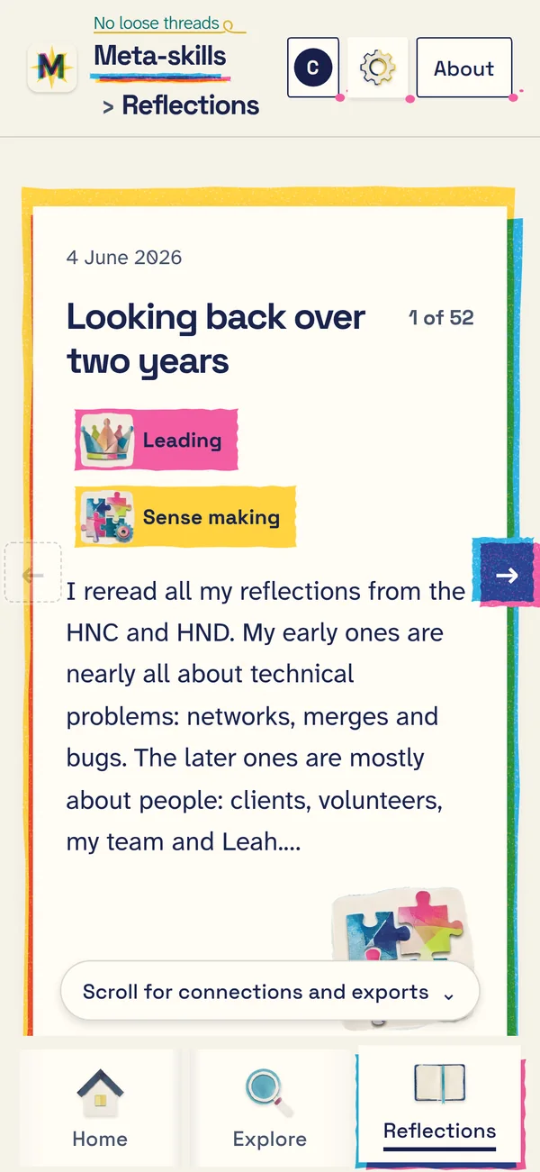 A saved reflection titled Looking back over two years, tagged Leading and Sense making.